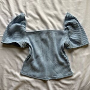 H&M Blue Ribbed Puff Sleeve Crop Top